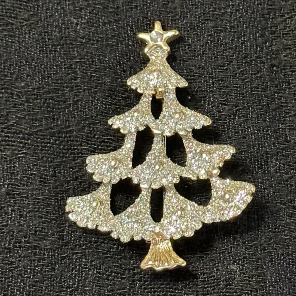Vintage Christmas Tree Brooch Gold Tone Glitter Textured Holiday Pin